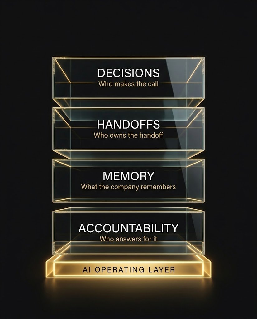 Four stacked glass layers labeled Decisions, Handoffs, Memory, and Accountability resting on a gold base labeled AI Operating Layer