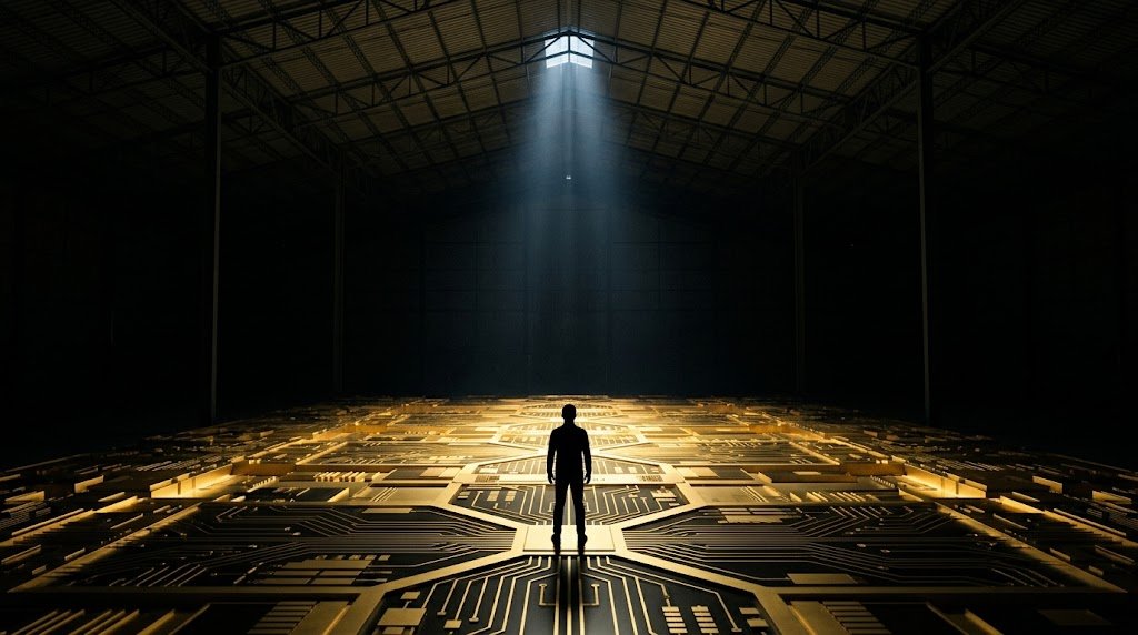 A lone figure standing in a dark warehouse on a glowing gold circuit board floor under a single skylight