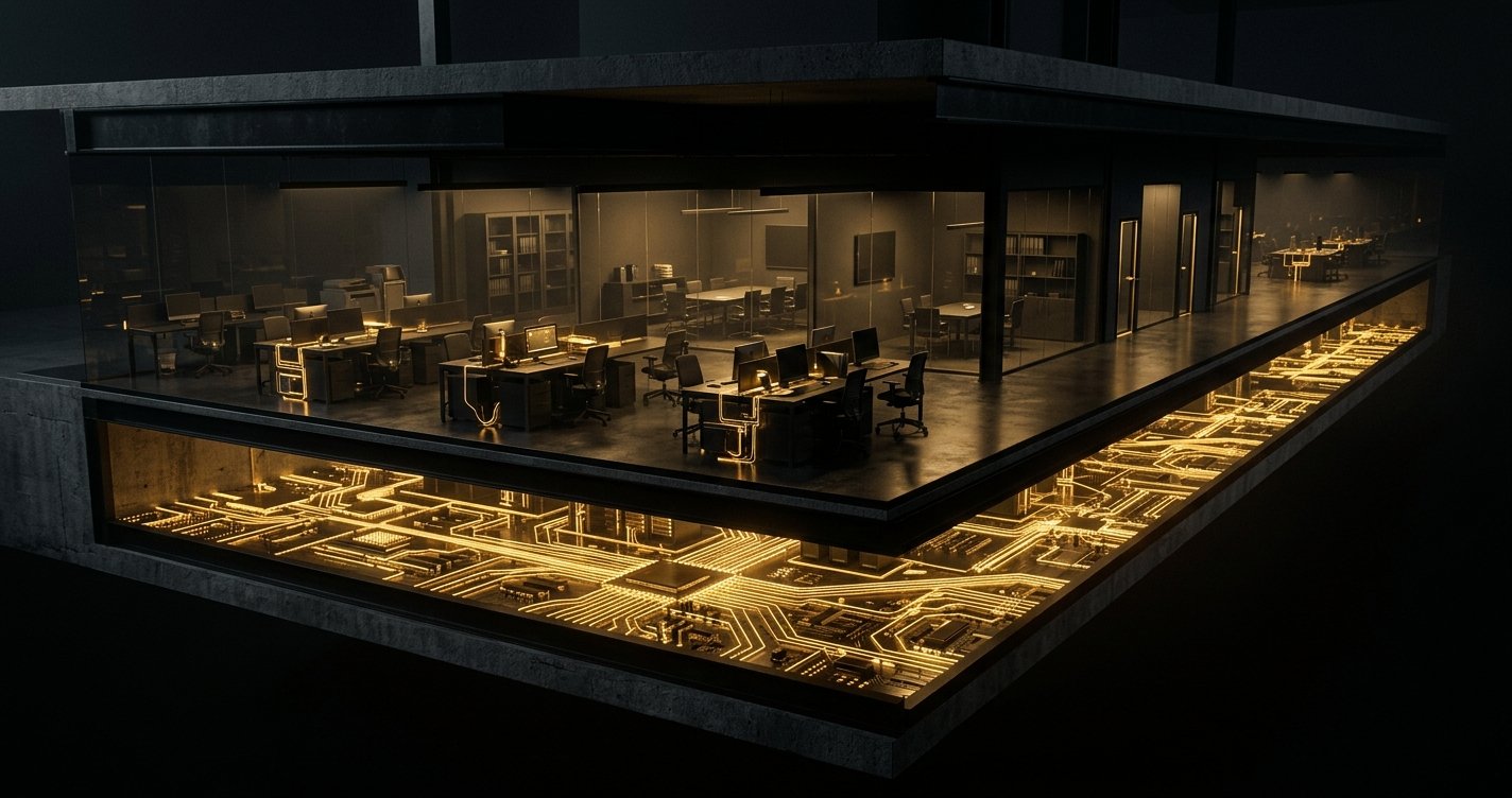 Cutaway of an office floor with glowing gold circuitry running underneath the desks, showing AI as the operating layer of a company