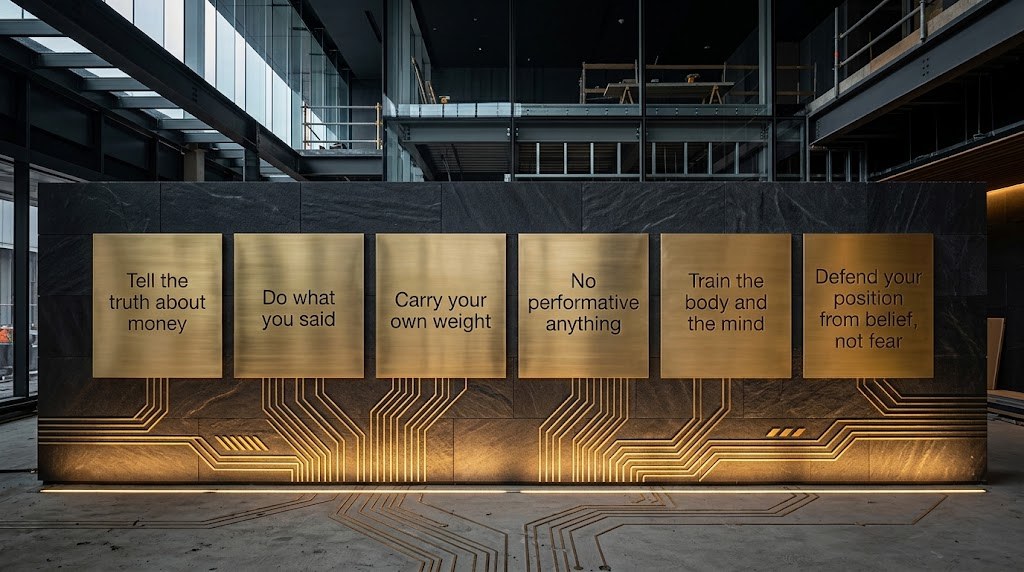 Six brass plaques engraved with Craig Cecilio's operating code, set in a stone foundation beneath a new AI structure