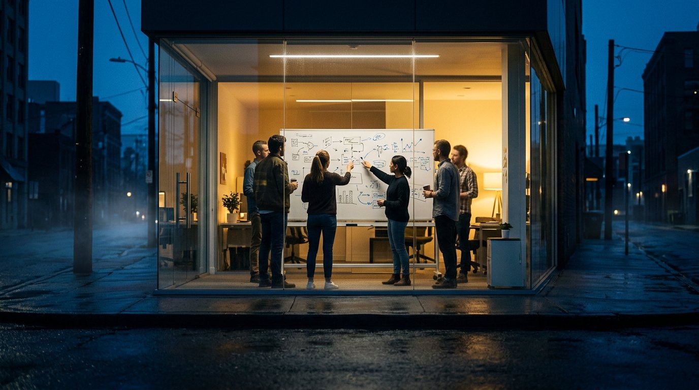 A small team mapping AI workflows on a whiteboard inside a glass-walled office before sunrise, visible from the street