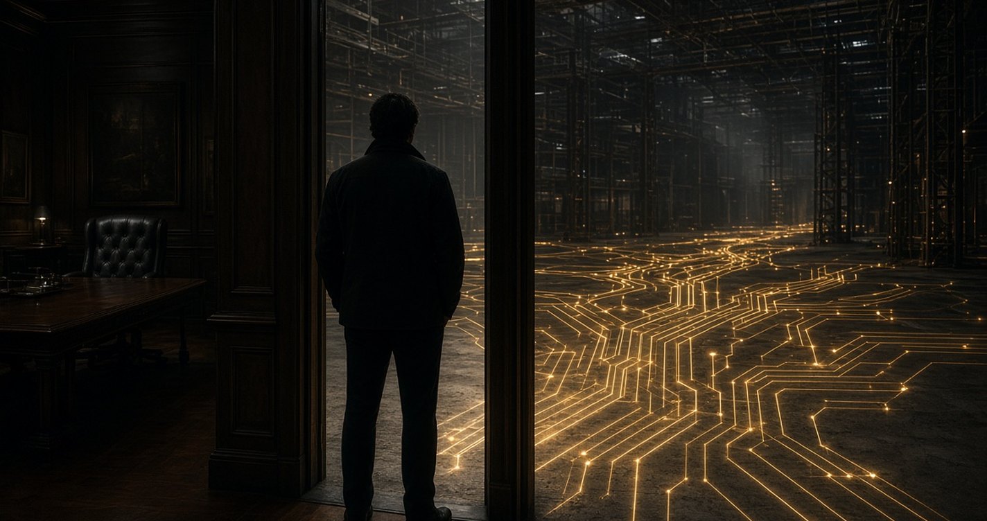 A man standing in a doorway between an old boardroom and a dark warehouse with gold circuitry being built across the floor