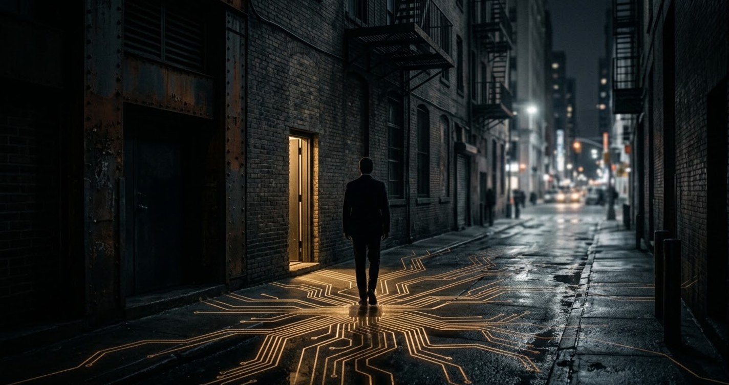 A man seen from behind walking down a dark side alley at night toward an open back door spilling warm gold light, with gold circuitry glowing on the wet pavement