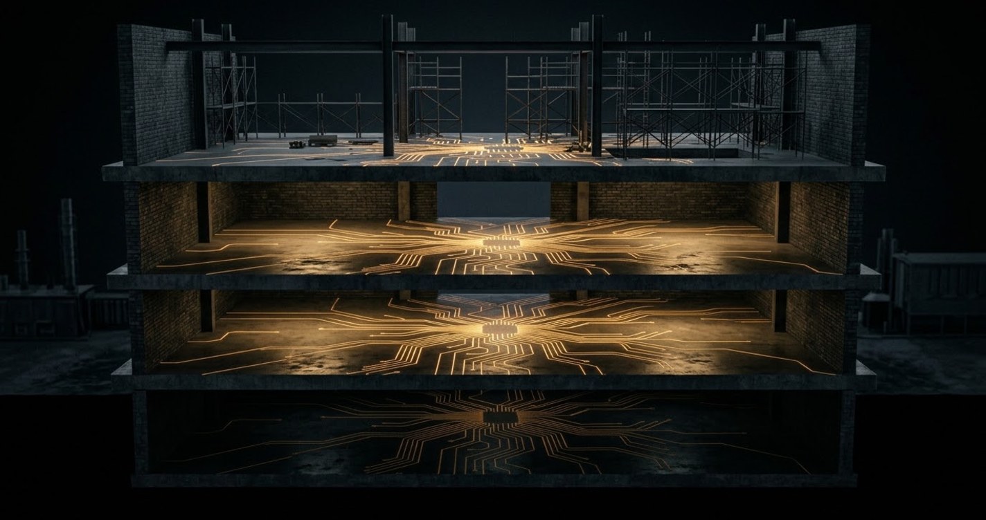 Cutaway of a dark concrete building with three stacked floors glowing with gold circuitry and a new floor being built above the top ceiling