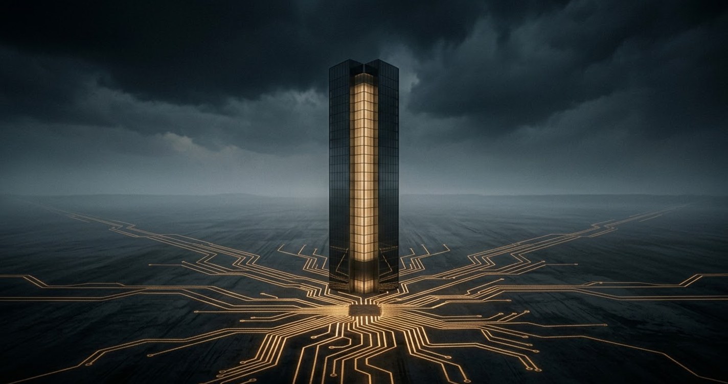 A single dark tower at night with lines of gold circuitry running across the ground from every direction and converging at its base